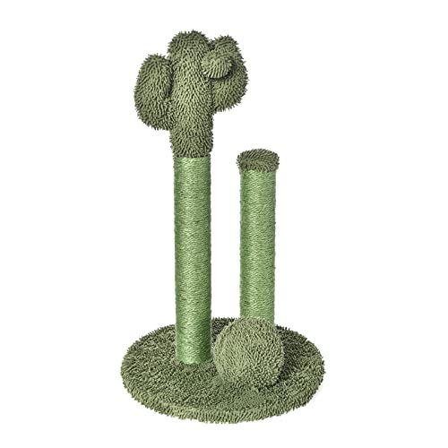 Amazon Basics Cat Scratcher - Indoor Cactus Triple Posts Cat & Kittens Scratching Post with Dangling Ball, Small (22.4"H) - Green