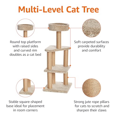 Amazon Basics Cat Tree Tower - Multi-Level Climbing Activity Center for Indoor Cats & Kittens with Scratching Posts, Platform, Jute Rope, Large (45.9"H), Beige view 3