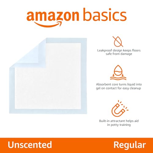 Amazon Basics Dog and Puppy Pee Pads, 5-Layer Leak-Proof Super Absorbent, Quick-Dry Surface, Potty Training, Regular (22x22"), 150 Count, Blue & White