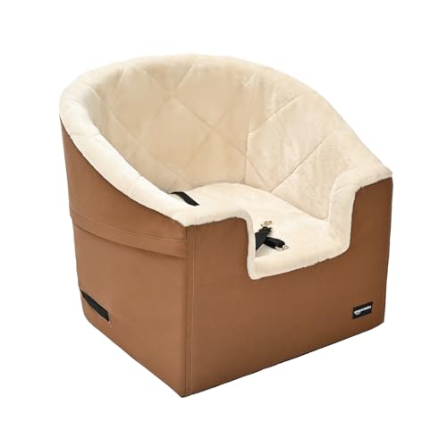 Amazon Basics Dog Car Seat Booster for Small Dogs up to 25lbs, Washable Removable Cover, Safety Leash, Elevated View for Window, 18" x 18" x 16", Tan
