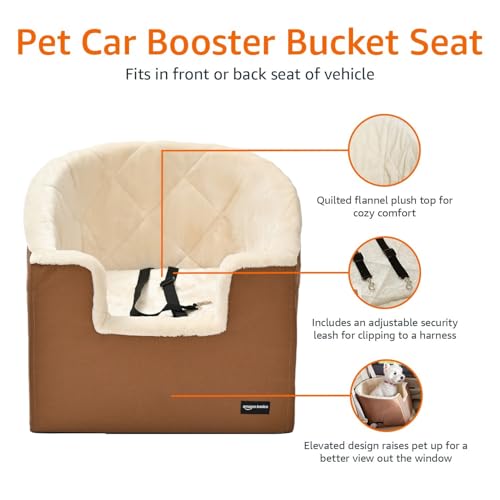 Amazon Basics Dog Car Seat Booster for Small Dogs up to 25lbs, Washable Removable Cover, Safety Leash, Elevated View for Window, 18" x 18" x 16", Tan view 2