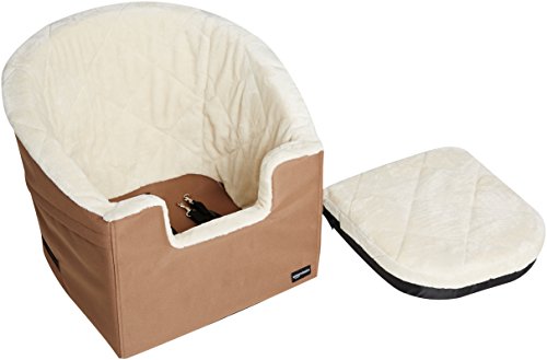 Amazon Basics Dog Car Seat Booster for Small Dogs up to 25lbs, Washable Removable Cover, Safety Leash, Elevated View for Window, 18" x 18" x 16", Tan view 3