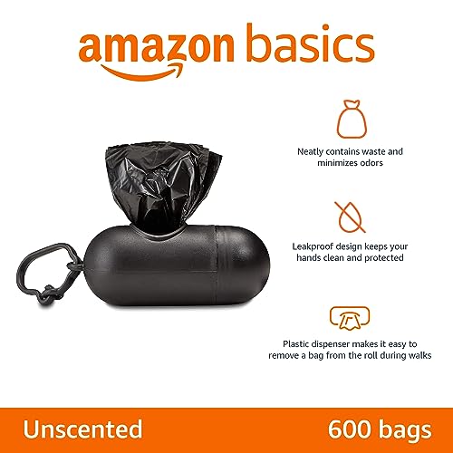 Amazon Basics Dog Poop Bags with Dispenser, 600 Count, Enhanced for Guaranteed Leakproof, Unscented, Includes Leash Clip