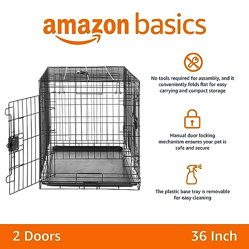 Amazon Basics Durable, Foldable Metal Wire Dog Crate with Tray, Double Door, 36 x 23 x 25 in, Black