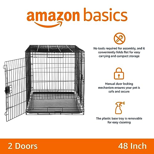 Amazon Basics Durable, Foldable Metal Wire Dog Crate with Tray, Double Door, 48 x 30 x 32.5 in, Black