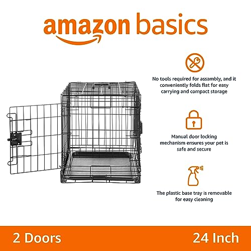 Amazon Basics Durable,Foldable Metal Wire Dog Crate with Tray, Double Door, Divider, 24 x 18 x 20 in, Black