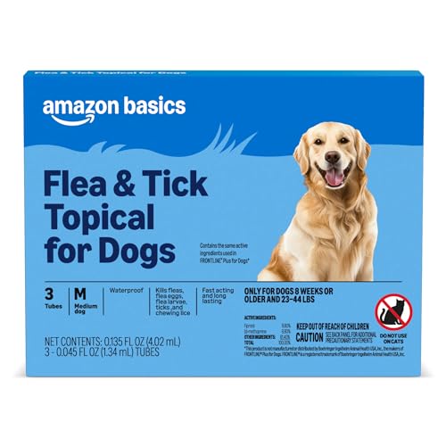 Amazon Basics Flea and Tick Topical Treatment for Medium Dogs (23-44 lbs), Fast Acting and Long Lasting, 3 Count, Packaging May Vary