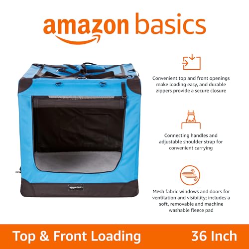 Amazon Basics Folding Portable Soft Pet Dog Crate Carrier Kennel, 36 x 24 x 24 inches, Blue