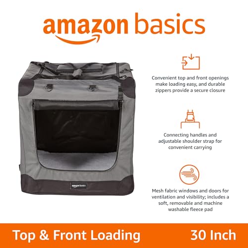 Amazon Basics Folding Portable Soft Pet Dog Crate Carrier Kennel, 30 x 21 x 21 inches, Grey