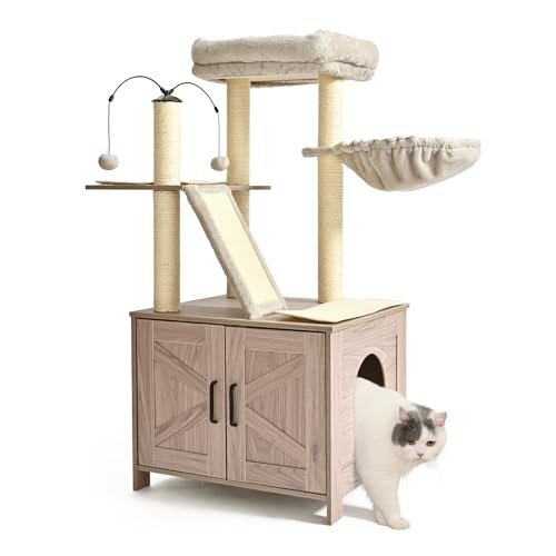 Amazon Basics Furniture Cat Tree with Litter Box Enclosure, Large Cat Tree with Scratching Posts, Sisal Pad, Cozy Perch and Hammock