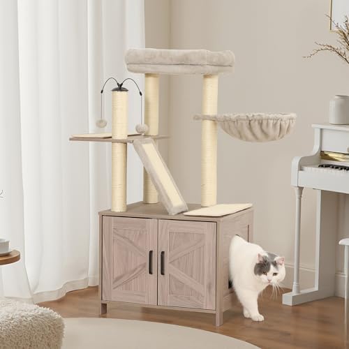 Amazon Basics Furniture-Style Cat Tree with Litter Box Enclosure, Scratching Posts, Sisal Pad, Cozy Perch and Hammock