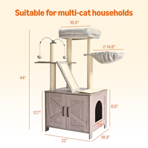 Amazon Basics Furniture-Style Cat Tree with Litter Box Enclosure, Scratching Posts, Sisal Pad, Cozy Perch and Hammock