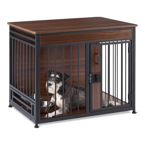 Amazon Basics Furniture Style Dog Crate, Sturdy Wooden Pet Kennel, End Table with Space for Pet, Two Bowls Included, 30" x 20.4" x 23.6", Walnut