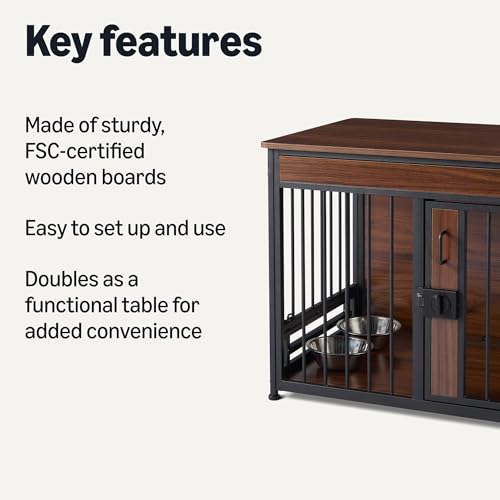 Amazon Basics Furniture Style Dog Crate, Sturdy Wooden Pet Kennel, End Table with Space for Pet, Two Bowls Included, 30" x 20.4" x 23.6", Walnut view 2