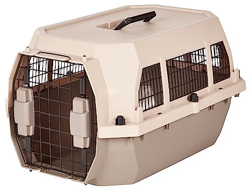 Amazon Basics Hard-Sided Dog and Cat Kennel, Single-Door Travel Pet Carrier with Metal Wire Ventilation, 23.6"L x 15.7"W x 13"H, Beige
