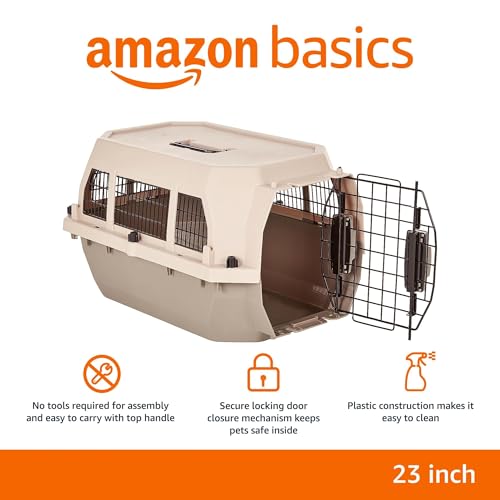 Amazon Basics Hard-Sided Dog and Cat Kennel, Single-Door Travel Pet Carrier with Metal Wire Ventilation, 23.6"L x 15.7"W x 13"H, Beige view 2