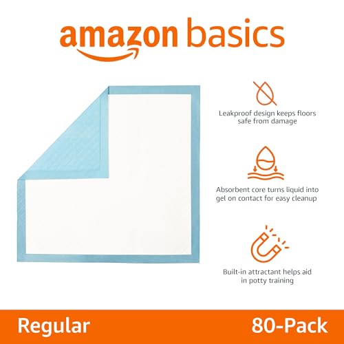 Amazon Basics Heavy Duty Dog and Puppy Pee Pads, 5-Layer Leak-Proof Ultra Absorbent, Quick-Dry Surface, Potty Training, Regular (24x23"), 50 Count, Blue & White