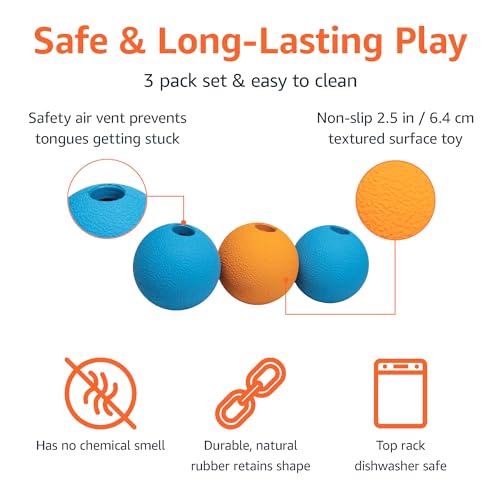 Amazon Basics Interactive Bouncy Durable Rubber Dog Toy Balls, 2.5 inch, Blue, Orange, Pack of 3 view 2