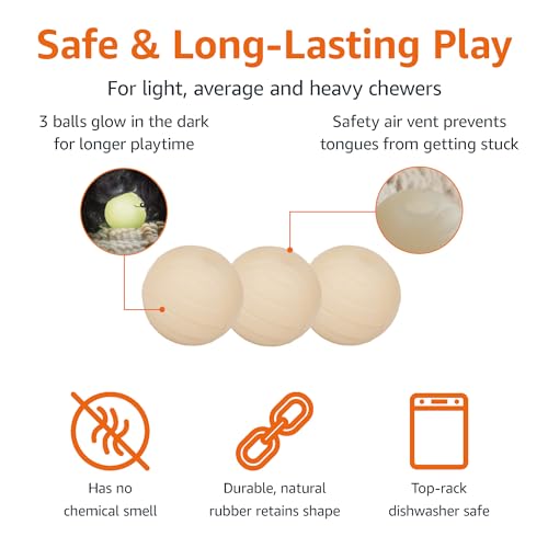 Amazon Basics Interactive Bouncy Durable Rubber Dog Toy Balls, Glow, 2.5 inch, Beige, Pack of 3 view 2