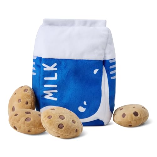 Amazon Basics Interactive Dog Squeak Toys with 1 Milk Carton and 4 Cookies, Ideal for Puppies, Small and Medium Dogs, Soft Plush for Fetch and Cuddling