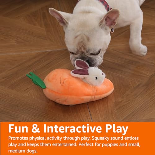 Amazon Basics Interactive Hide and Seek Squeaky Dog Plush Toy, Rabbit and Carrot, Orange and White, 5-Pack
