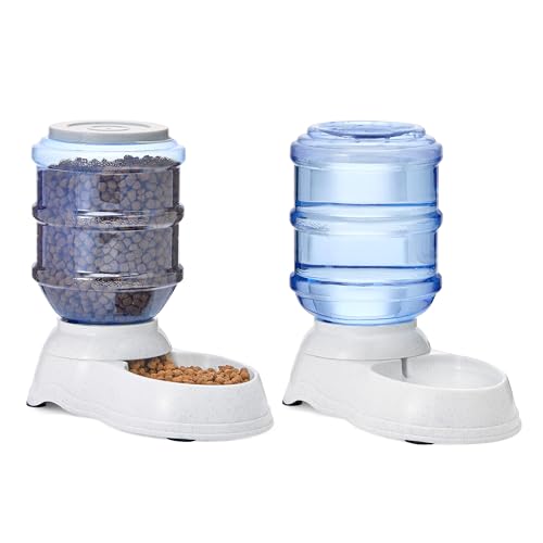 Amazon Basics Large Capacity Automatic Pet Water Dispenser and Gravity Feeder Set, Easy to Clean, 456.6fl.oz Food, 382.1fl.oz Water, Gray