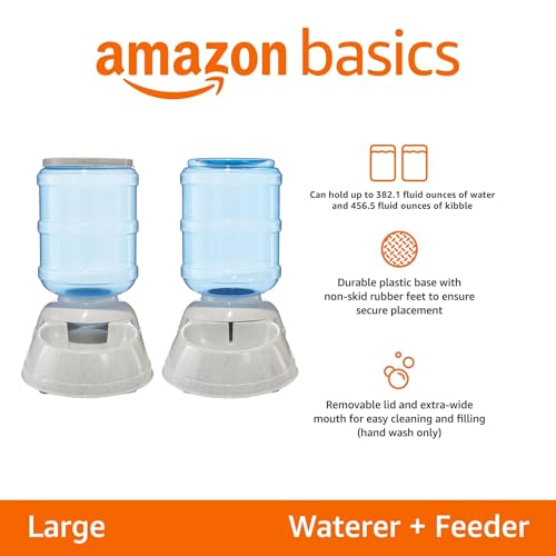 Amazon Basics Large Capacity Automatic Pet Water Dispenser and Gravity Feeder Set, Easy to Clean, 456.6fl.oz Food, 382.1fl.oz Water, Gray view 2