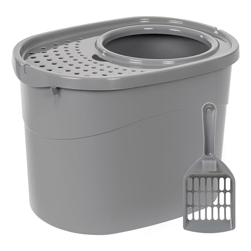 Amazon Basics Large Cat Litter Box with High Sides, Top Entry, Odor Control, Includes Scoop, 20.5 x 14.75 x 14.38 inches, Grey