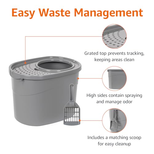 Amazon Basics Large Cat Litter Box with High Sides, Top Entry, Odor Control, Includes Scoop, 20.5 x 14.75 x 14.38 inches, Grey view 2