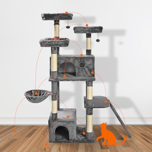 Amazon Basics Large Cat Tree Tower, Multi-Level Activity Center with 2 Large Condos, Multiple Sisal Scratching Posts and Hanging Pompoms, Gray, 68 Inches view 2