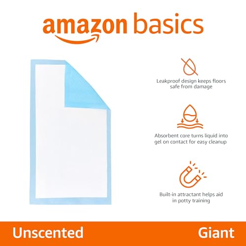 Amazon Basics Leakproof Dog and Puppy Pee Pads with 5-Layer Quick-Dry Surface for Potty Training, Standard Absorbency, Giant, 27.5 x 44Inch, Pack of 40, Blue & White