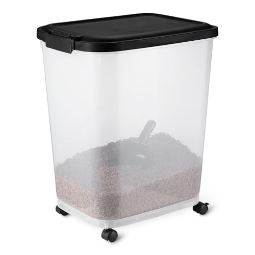 Amazon Basics Pet Food Storage Container with Wheels, BPA-Free, Detachable Scoop, 30lbs Capacity, Reliable Seal