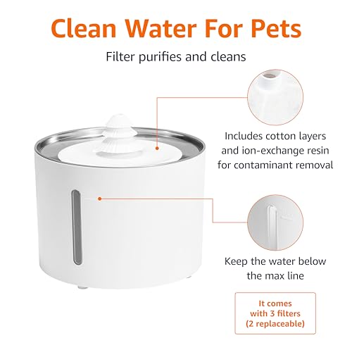 Amazon Basics Pet Water Fountain with Stainless Steel Top, 3L ,White (3 Filters included)