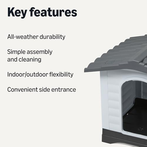 Amazon Basics Plastic Dog House for Large Dogs - Easy to Assemble & Detachable Structure, Indoor/Outdoor Use, Elevated Floor,Durable & Waterproof,Side Door Access,Undulating Roof Design