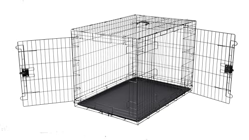 Amazon Basics Portable, Collapsible Metal Wire Dog Crate with Removable Tray, Double Door, Easy to Assemble, Divider Panel for Large Dogs, 42" x 28" x 30", Black