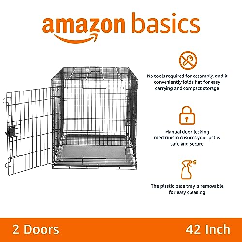 Amazon Basics Portable, Collapsible Metal Wire Dog Crate with Removable Tray, Double Door, Easy to Assemble, Divider Panel for Large Dogs, 42" x 28" x 30", Black view 2