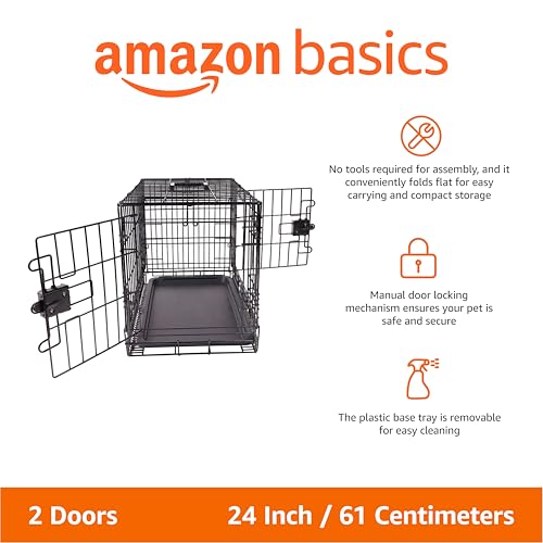 Amazon Basics Portable, Foldable Metal Wire Dog Crate with Removable Tray, Double Door, Divider Panel, 24" x 18" x 20", Black view 2