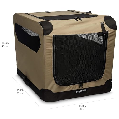 Amazon Basics Portable Folding Soft Dog Crate, 2-Door, Collapsible Travel Kennel, Top & Front Loading, Small 26" x 18" x 18", Tan view 2