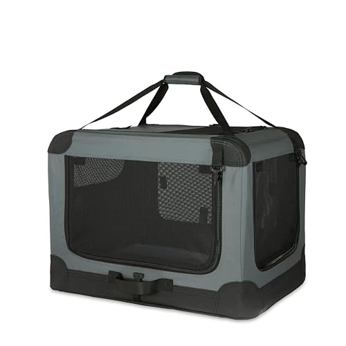 Amazon Basics Portable Folding Soft Dog Crate, 4-Doors, Collapsible Travel Kennel for Cat, Dog, and Small Animals, Quick Setup, Small 26" x 18" x 18", Grey