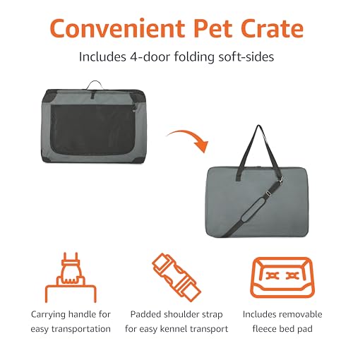 Amazon Basics Portable Folding Soft Dog Crate, 4-Doors, Collapsible Travel Kennel for Cat, Dog, and Small Animals, Quick Setup, Small 26" x 18" x 18", Grey view 3
