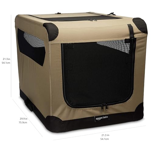 Amazon Basics Portable Folding Soft Dog Crate, Double Door, Collapsible Travel Kennel, Easy to Assemble, Medium, 29.92" x 21.3" x 21.3", Tan view 2