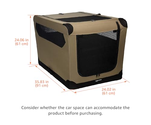 Amazon Basics Portable Folding Soft Dog Crate for Cat, Dog, Rabbit, Double Door with Mesh Ventilation, Collapsible, Easy to Set Up, Large 36" x 24" x 24", Tan view 2