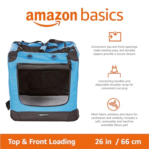 Amazon Basics Portable Soft Pet Dog Crate Carrier Kennel, Foldable, Washable, Up to 25 lbs, 26 x 18 x 18 inches, Blue view 2