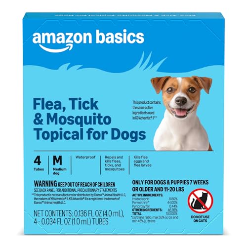 Amazon Basics Preventative Flea, Tick & Mosquito Topical Treatment for Medium Dogs (11-20 Pounds), Kills Fleas, Prevents Infestations, 4 Count, Packaging May Vary