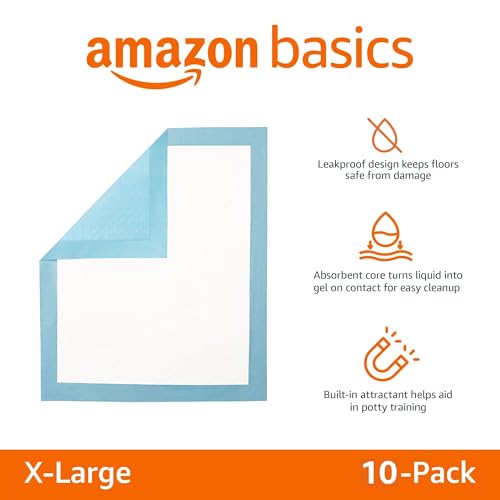Amazon Basics Puppy Pads, Heavy Duty with 5-Layer Leak-Proof Design, Quick-Dry Surface, Built-In Attractant Potty Pads for Dogs, X-Large, 34 x 28 in., 10-Count view 2
