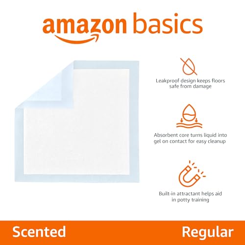 Amazon Basics Scented Dog and Puppy Potty Training Pee Pads, 5-Layer Leak-Proof Super Absorbent with Quick-Dry Surface, Regular Size 22 x 22 Inch, Blue, 150 Count view 2