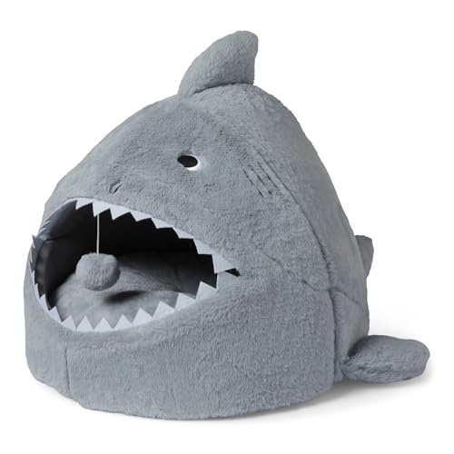 Amazon Basics Shark Shape Cat House for Indoor Cats, Enclosed Design Helps Reduce Anxiety in Nervous Pets, with Washable Cushioned Pillow, 17" x 16" x 14", Grey