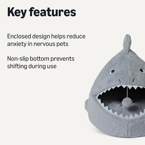 Amazon Basics Shark Shape Cat House for Indoor Cats, Enclosed Design Helps Reduce Anxiety in Nervous Pets, with Washable Cushioned Pillow, 17" x 16" x 14", Grey view 2