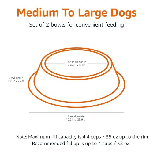 Amazon Basics Stainless Steel Non-Skid Pet Dog Water And Food Bowl, 2-Pack (10 x 2.8 Inches), Each Holds Up to 4 Cups