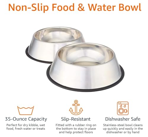Amazon Basics Stainless Steel Non-Skid Pet Dog Water And Food Bowl, 2-Pack (10 x 2.8 Inches), Each Holds Up to 4 Cups